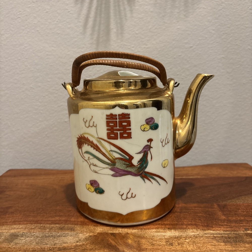 Chinese Vintage Porcelain Dragon &‎ Phoenix Teapot  Gold Trim Bamboo Handles
